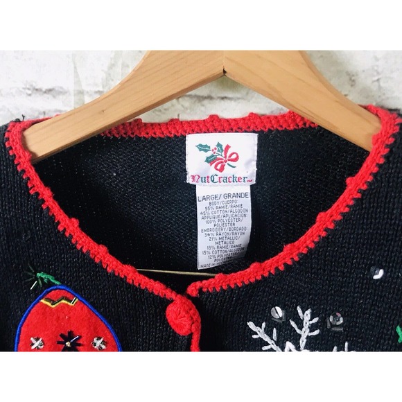 NUT CRACKER UGLY CHRISTMAS MITTENS HATS BLING ELEGANT Holiday SWEATER SZ L - Picture 7 of 12